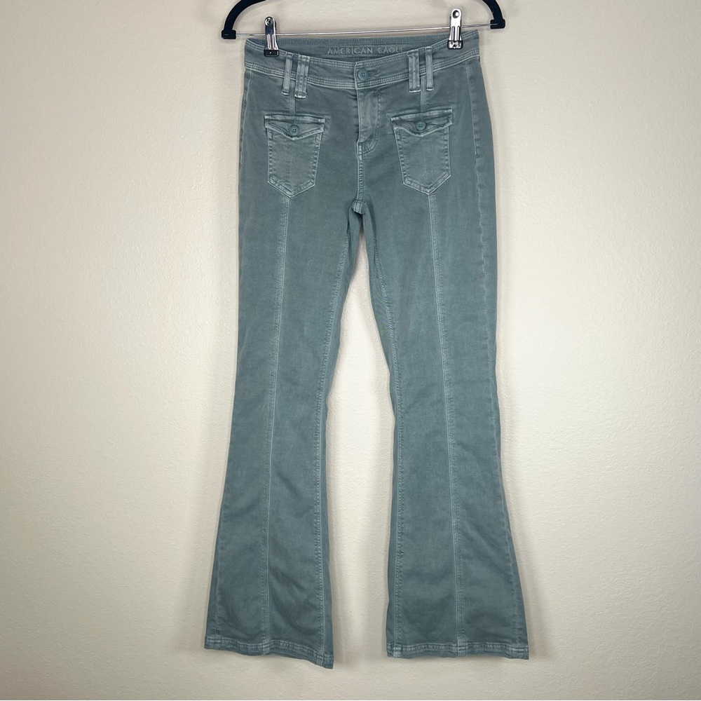 American Eagle Green Gray Y2K 90s Vibes Low Rise Pocket Stretch Flared Pants